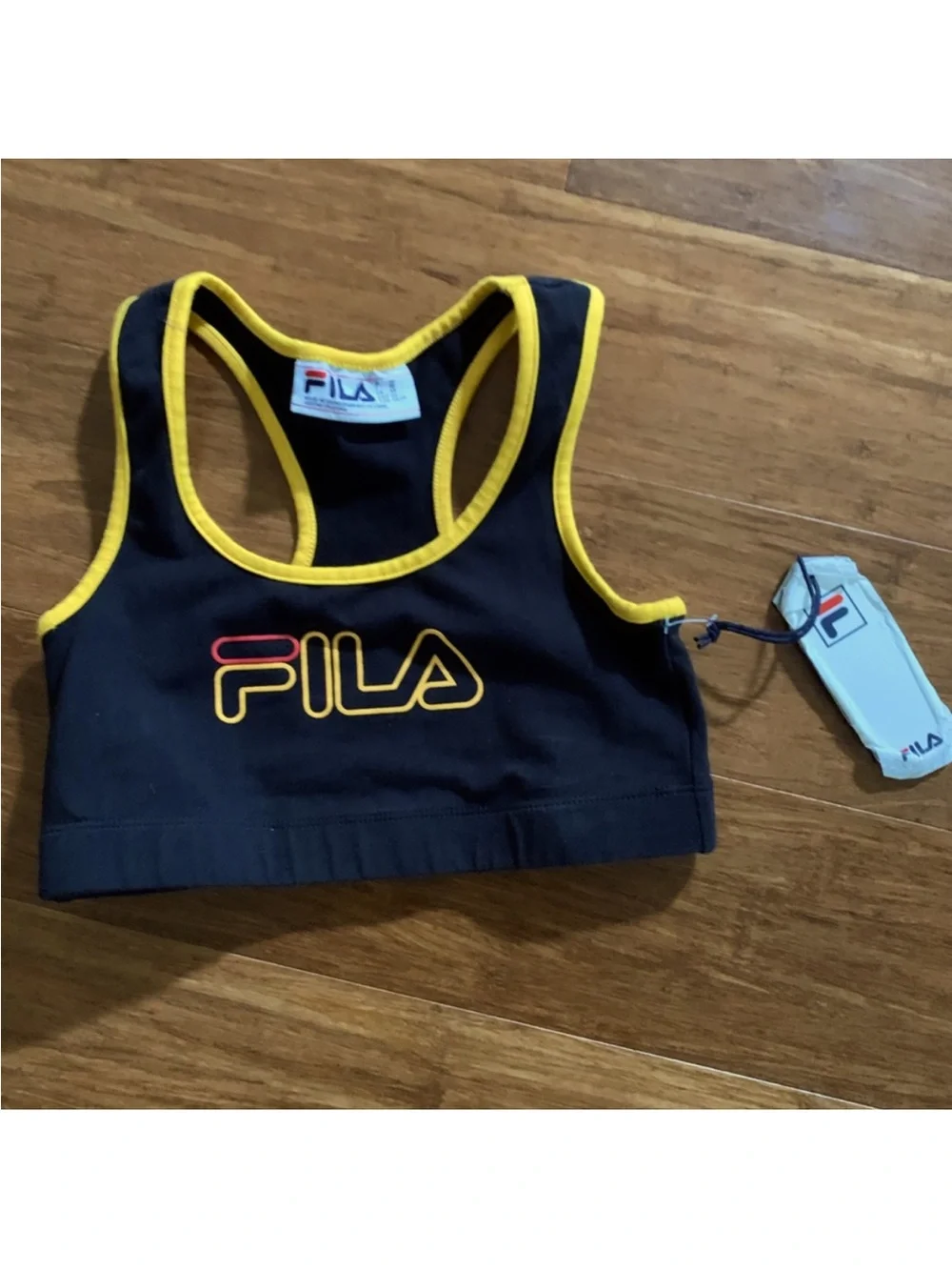 NWT FILA Rebeca Racerback Crop Top Bra Yellow Black Logo Cotton Sports Bralette